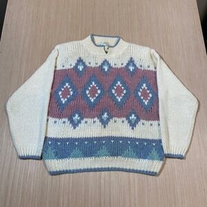 Colter Bay Vintage Hand Knit Southwestern Diamond Sweater Cream Mauve Blue Large
